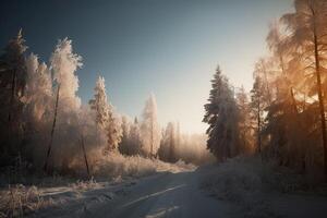 snöig och frysta berg väg i vinter- landskap. generativ ai. foto