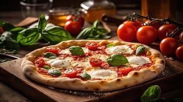 italiensk mat närbild skott av en gourmet pizza toppade med färsk Ingredienser tomat, ost och basilika på rustik trä- bakgrund. generativ ai. foto
