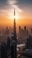 antenn se av burj khalifa och de sheikh zayed väg utbyte, stadens centrum dubai i solnedgång eller soluppgång se. Fantastisk turist destination, generativ ai teknologi. foto