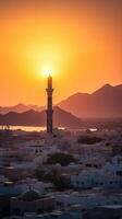 sultanat av oman, de gammal stad av muscat byggnader under solnedgång eller soluppgång. generativ ai teknologi. foto