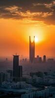 Fantastisk solnedgång eller soluppgång se över de skyskrapor byggnader i saudi arabien. generativ ai teknologi. foto