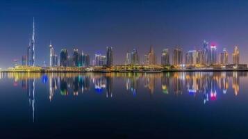 panorama se av dubai horisont reflekterande i de vatten under natt tid. Fantastisk turist destination, generativ ai teknologi. foto