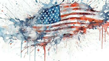 vattenfärg stänk av amerikan flagga på vit bakgrund för 4:e av juli oberoende dag begrepp. generativ ai teknologi. foto