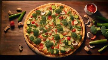 utsökt veggie överlägsen pizza pålägg på trä- tabell topp se för italiensk mat redo till äta begrepp, mat fotografi. mall eller baner för restaurang. generativ ai. foto