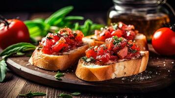 italiensk mat närbild skott av nyligen bakad bruschetta med tomater, basilika och oliv burk på rustik tabell. generativ ai. foto