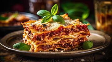 italiensk mat närbild skott av en gourmet lasagne tunn skorpa garnering ost och basilika på tabell. generativ ai. foto