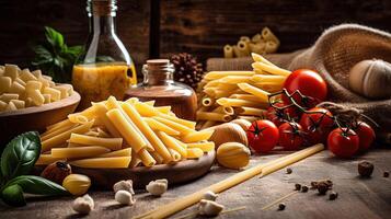 olika typer av rå italiensk pasta och Ingredienser på bakgrund. mat fotografi, generativ ai teknologi. foto