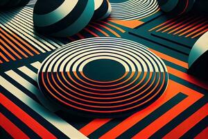 abstrakt geometrisk bakgrund med svart och orange cirklar, randig mönster, ai generation foto