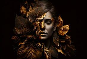 kvinna fastnar ut av svart och guld löv. generera ai foto