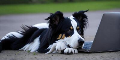 en gräns collie ser på en bärbar dator. generera ai foto