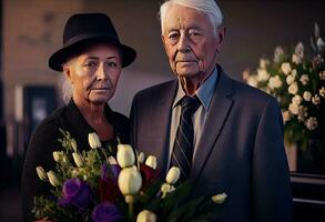 senior man stående med attraktiv kvinna innehav blommor på begravning. generera ai. foto