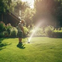 gräsmatta vattning i sommar väder ai genererad foto