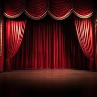 tömma teater skede med röd gardiner ai genererad foto