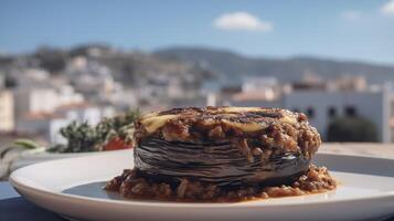 grekisk moussaka på en solkysst santorini balkong foto