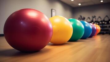 rad av övning bollar i en Gym miljö foto