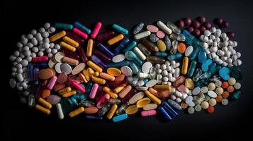 visa av blandad farmaceutisk piller och kapslar foto