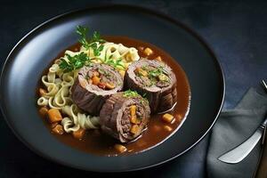 traditionell långsam kokta tysk wagyu nötkött roulader med gnocchetti sardi spaghetti i en kryddad skysås som en topp se på en nordic design tallrik med kopia Plats på de höger, generera ai foto