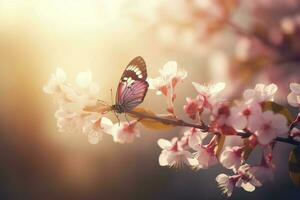 vår baner, grenar av blomstrande körsbär mot de bakgrund av blå himmel, och fjärilar på natur utomhus. rosa sakura blommor, drömmande romantisk bild vår, landskap panorama, generera ai foto