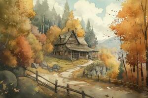 övergiven trä- hus i de sommar skog. vattenfärg målning , generera ai foto
