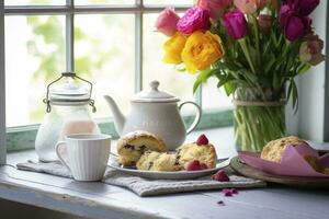 en mors dag arrangemang med te och scones i främre av en ljus fönster, generera ai foto