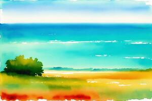 lugn sommar landskap. en vattenfärg målning av parkera, sjö, fält och flod. generativ ai foto