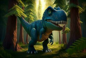 tyrannosaurus. t. rex dinosaurie tecknad serie karaktär i de skog. rolig djur- . generera ai. foto