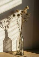 torkades äng gräs bukett i klar glas flaska estetisk Sol ljus skuggor på neutral vägg, minimalistisk blommig interiör design , generera ai foto
