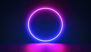 3d framställa, blå rosa neon runda ram, cirkel, ringa form, tömma Plats, ultraviolett ljus, 80s retro stil, mode visa skede, abstrakt bakgrund, generera ai foto