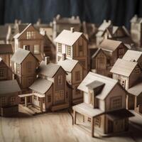 modell av miniatyr- trä- hus ai genererad foto