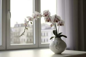 vas med orkide blommor på vit tabell nära fönster inomhus , generera ai foto