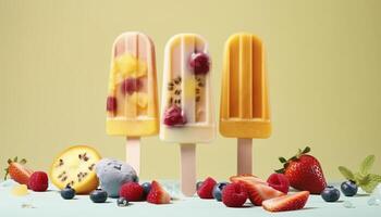 svävar is grädde popsicles med frukt och bär på pastell bakgrund, fri copy för text. flygande is grädde, sommar efterrätt, frysta frukt juice. ai genererad bild foto