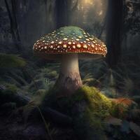 fantasi svamp i mistry skog ai genererad foto