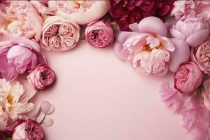pioner, ro på rosa bakgrund med kopia Plats. abstrakt naturlig blommig ram layout med text Plats. romantisk feminin sammansättning. bröllop inbjudan , generera ai foto
