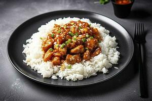 ljuv och sur chili sås kyckling med ris i en tallrik, generera ai foto