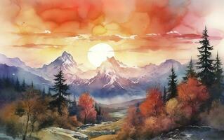 måla en vattenfärg landskap av en berg räckvidd med snötäckt toppar, terar en vibrerande solnedgång himmel och invecklad detaljer av stenar och träd, generera ai foto