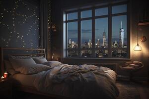 generativ ai illustration av lyx takvåning sovrum på natt foto