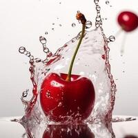 färsk körsbär och stänk släppa vatten ai genererad foto
