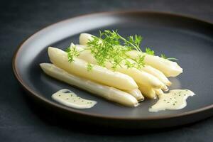 modern stil traditionell ångad vit sparris med botad skinka och hollandaise sås eras som topp se på en nordic design tallrik med kopia Plats, generera ai foto