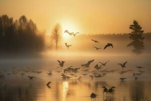 en flock av kranar tar flyg över en dimmig sjö på soluppgång, generera ai foto