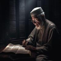 muslim äldre Sammanträde i moské läsning quran ai genererad foto