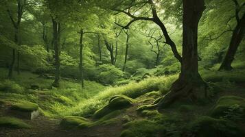jord dag och värld miljö dag, vår, skön naturlig grönskande grön skog i sommar, generera ai foto