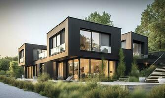 3d tolkning av en stor modern samtida hus i trä och betong, generera ai foto