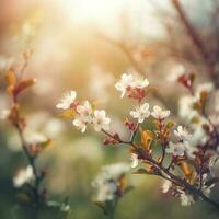 skön natur scen med blomning blommor träd och Sol blossa, skön fruktträdgård , generat ai foto