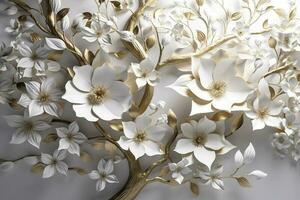 3d tapet blommig träd bakgrund med vit blomma löv och gyllene stam. interiör vägg Hem dekor, generera ai foto