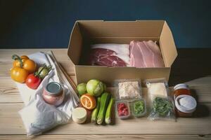 låda med packade kött och grönsaker på kök bakgrund. mat leverans tjänster under de coronavirus pandemi och social avståndstagande. handla uppkopplad. middag leverans service, generera ai foto