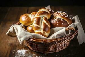 pretzel pinnar och pretzel rullar, bavarian lut bulle med salt i en korg, generera ai foto