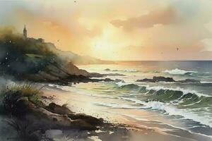 vattenfärg målning av en kust scen, Inklusive rullande vågor, sandig stränder, och en färgrik himmel på soluppgång eller solnedgång, generera ai foto