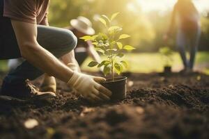 människor plantering träd eller arbetssätt i gemenskap trädgård främja lokal- mat produktion och livsmiljö restaurering, begrepp av hållbarhet och gemenskap engagemang , generera ai foto