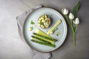 traditionell bavarian vit sparris eras med vild vitlök och mandel Smör närbild på en nordic design tallrik med kopia Plats, generera ai foto