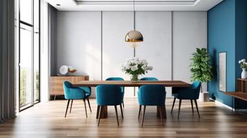 modern interiör av dinning rum med blå stolar. illustration ai generativ foto